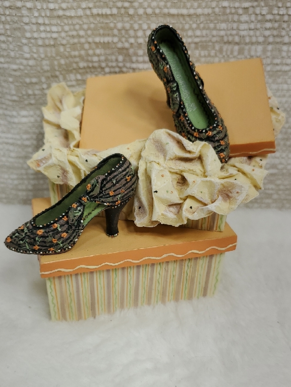 Willow Hall Boston Black Heels On Top Of Orange Cream Striped Shoe Trinket Box